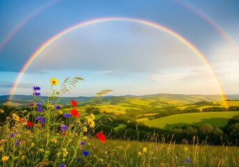 Naklejka premium Double rainbow over a field of wildflowers with rolling green hills under a bright blue sky scenery