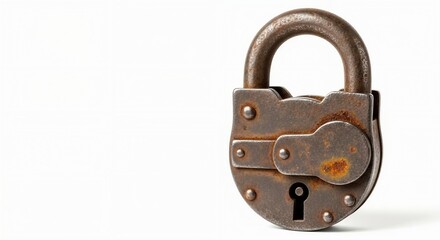 Old rusty padlock isolated on white background.