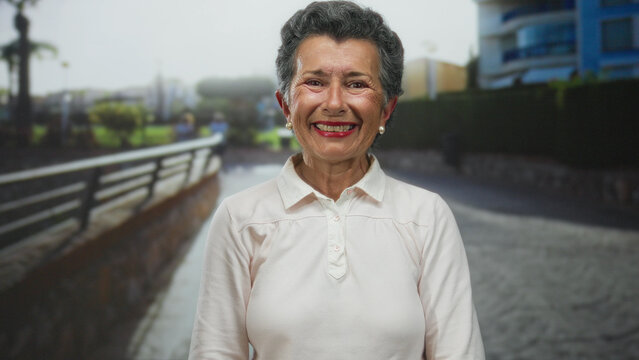 Senior woman with grey hair smiling gracefully while standing on a seaside promenade, surrounded by the serene beauty of the beach under a clear sky.