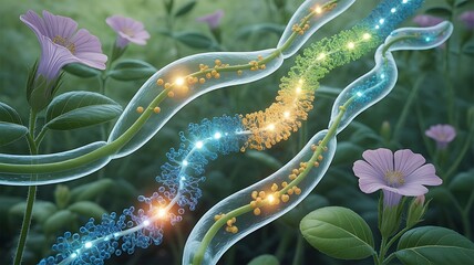 Obraz premium Stunning plant cell structure with vibrant light glowing in a lush botanical garden, perfect for science and technology concepts, growth and innovation