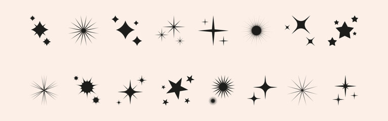 Set of icon glitter star, sparkle sun. Abstract shapes explosion, glow and blink effects for celebrate party design. Twinkle shiny and flash graphic elements. Isolated vector illustrations.