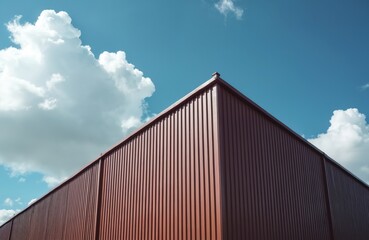 Low angle shot shows warehouse building corner against blue sky. Brown metal corrugated sheets make up the wall. White clouds add dynamism. Space for text or logo.