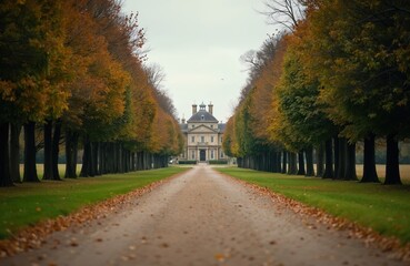 Fototapeta premium Gravel path leads to grand estate building. Tall trees with autumn leaves line walkway. Manicured lawn surrounds manor house. Rural countryside landscape in fall season.