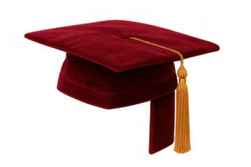 Red graduation cap with gold tassel representing educational achievement and academic success on a transparent background