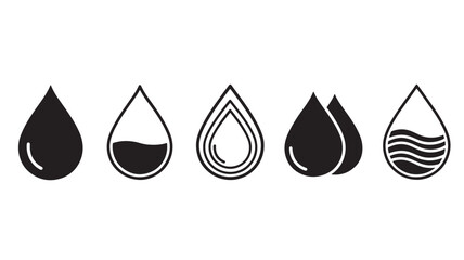 A collection of five water droplet icons on transparent background silhouette