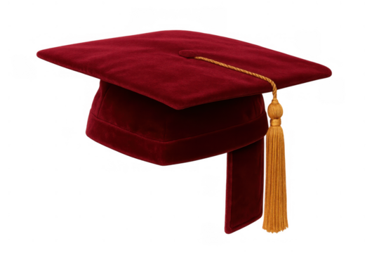 Red graduation cap with gold tassel representing educational achievement and academic success on a transparent background