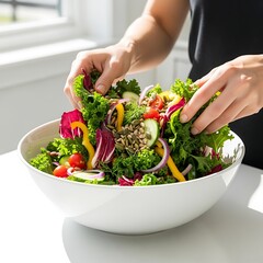Making a Fresh Salad with Vegetables and Seeds in a Bowl