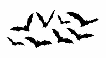A Flock of Silhouette Bats Flying Across a White Background Depicting Nocturnal Wildlife in Flight