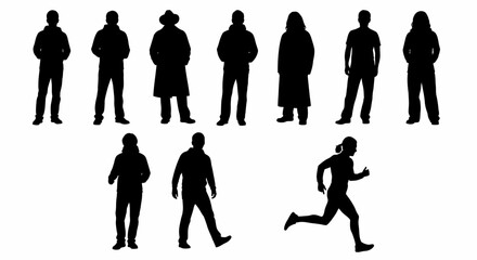 Collection of Diverse Human Silhouettes Demonstrating Various Poses and Activities in Black and White Representation