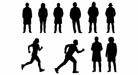 Collection of Black Silhouettes of People in Various Poses and Activities