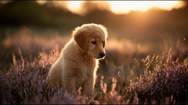 Adorable Golden Retriever Puppy Bathed in Golden Hour Light Among Purple Wildflowers