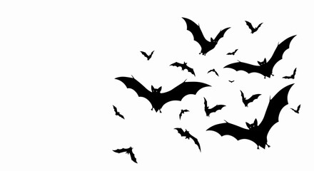 A Large Flock of Bats Silhouetted Against a White Background Flying in a Swirling Pattern Towards the Right Side of the Frame Creating an Eerie Atmosphere