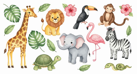 Adorable Watercolor Safari Animals Including Giraffe Lion Elephant Monkey Toucan Flamingo Zebra Turtle And Snake With Lush Green Leaves And Pink Flowers