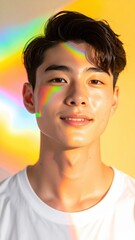 Smiling young man with rainbow light on face