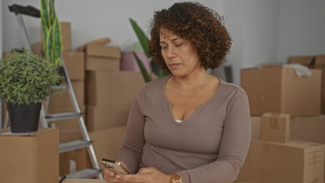 Woman holds smartphone texting inside building surrounded by moving boxes and a ladder; anticipation and hope. - Powered by Adobe