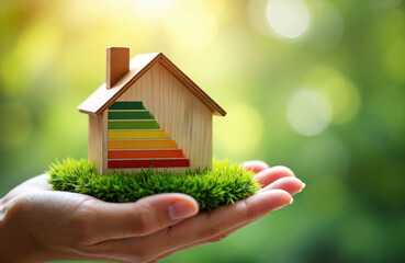 Tiny wooden house model with energy efficiency rating scale rests on green grass. Hand holds eco home concept, symbolizes sustainable living and cost savings.