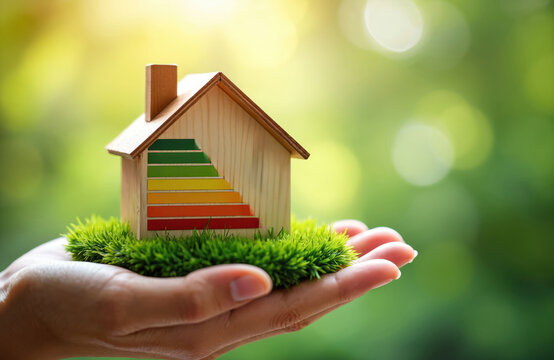 Tiny wooden house model with energy efficiency rating scale rests on green grass. Hand holds eco home concept, symbolizes sustainable living and cost savings.