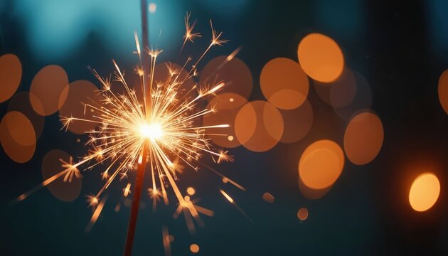 Sparkler burns bright at night creating starburst effect with blurred orange bokeh lights in background. Festive outdoor celebration atmosphere, warm glow, joyful moment, end of year party.