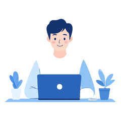 青い光に包まれた笑顔の日本人の男性がパソコンでリモート作業に集中し、自由と成長を感じる
