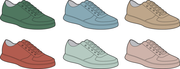 A colorful collection of vector illustrated casual sneakers in various pastel and earth tones, perfect for fashion, sport, and lifestyle design concepts