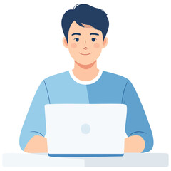 青い光に包まれた笑顔の日本人の男性がパソコンでリモート作業に集中し、自由と成長を感じる
