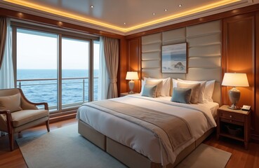 Obraz premium Elegant cruise ship cabin features spacious bed. Bedside lamps provide soft glow. Comfy armchair faces wide balcony doors with ocean view. Calm blue water visible. Wood panels, plush decor create