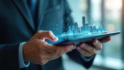 Businessman holds tablet showing digital city hologram. Manager analyses virtual building construction, use tech for data visualisation. Modern solution for architecture design, urban development.