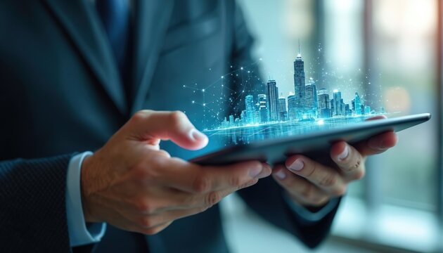 Businessman holds tablet showing digital city hologram. Manager analyses virtual building construction, use tech for data visualisation. Modern solution for architecture design, urban development.