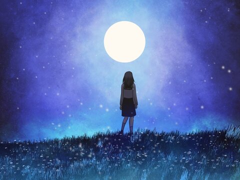A young girl in a Japanese school uniform, standing looking at the moon in a field of flowers at night with many stars. Digitally drawn illustration on a tablet, anime cartoon background.