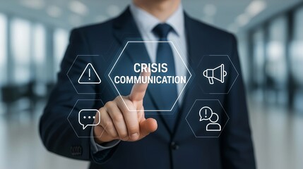 Businessman selecting crisis communication strategy concept with virtual interface showing alert message megaphone and people icons in corporate office environment