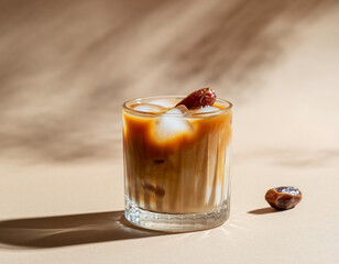 A glass of iced latte with visible layers of milk and coffee, sweetened with date syrup and topped with a whole date fruit on a soft, monochromatic beige background with diffused shadows