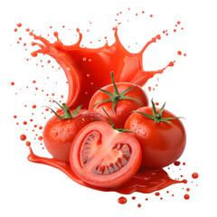Fresh Tomatoes with Dynamic Juice Splash Isolated on Black on transparent background