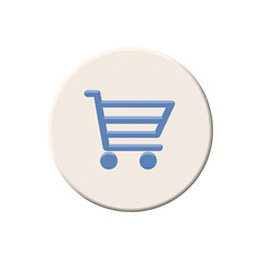 A pale beige circle with a muted blue, three-dimensional shopping cart icon
