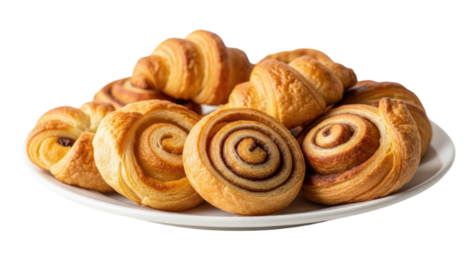 Delicious and fresh assortment of pastries on a white plate featuring cinnamon rolls and croissants, transparent background, cutout PNG