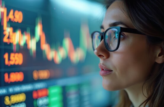 Young woman in glasses intently watches stock market data on large digital screen. Analyzes financial charts, numbers, investment trends, trading info. Focused look shows deep concentration on global