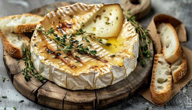 Appetizing Baked Camembert Cheese Displayed with Bread and Thyme on Rustic Wooden Board Overhead Food Still Life