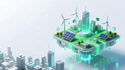 Obraz premium A futuristic cityscape showcases a vibrant green network of renewable energy sources, including solar panels and wind turbines, integrated into a sustainable urban environment with a holographic