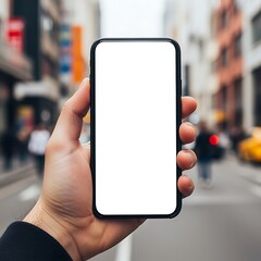 Holding Smartphone with Blank Screen on City Street for App Demo