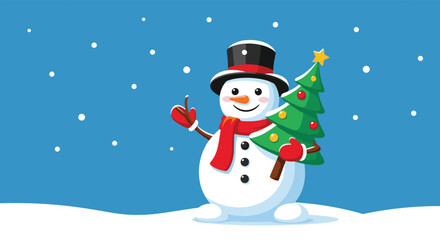 Fototapeta premium A cheerful snowman with a top hat and red scarf stands in a snowy winter scene, holding a decorated Christmas tree.