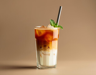 A transparent glass filled with iced milk tea, featuring distinct layers of black tea and milk, garnished with mint and a reusable metal straw on a solid pastel brown background.