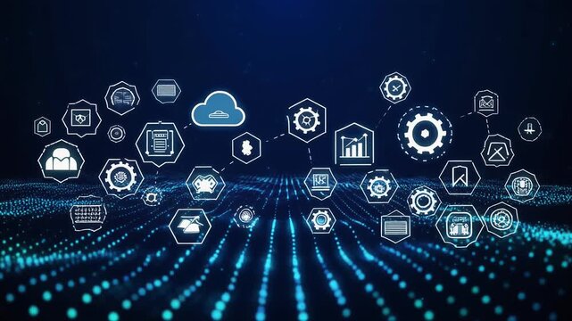Abstract digital network of interconnected icons representing technology and data flow on a blue particle background - Powered by Adobe