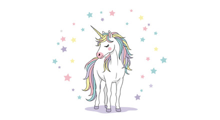 A whimsical illustration of a white unicorn surrounded by pastel-colored stars, perfect for children's designs and fantasy themes.