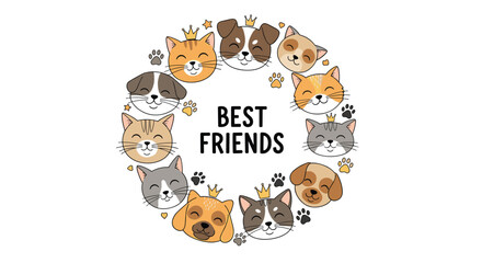 A whimsical circle of cute cat and dog faces surround the text \ message.