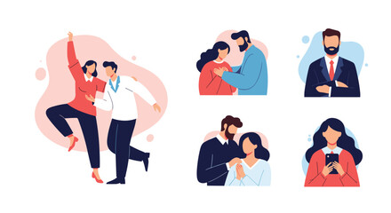 A collection of vector illustrations depicting diverse couples and individuals in various relatable scenarios.