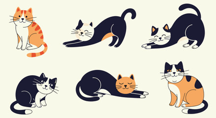 A cartoonish illustration showcases a collection of six charming and diverse cats in various poses, set against a neutral backdrop.
