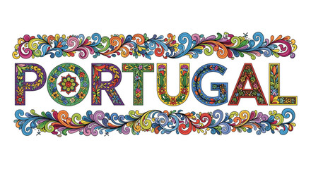 Vibrant and intricately detailed illustration of 'PORTUGAL' in decorative floral lettering, framed by colorful traditional scrolling borders.