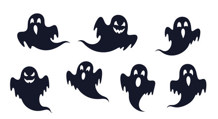 A collection of spooky dark silhouette ghost illustrations with various facial expressions for Halloween and haunted themes.
