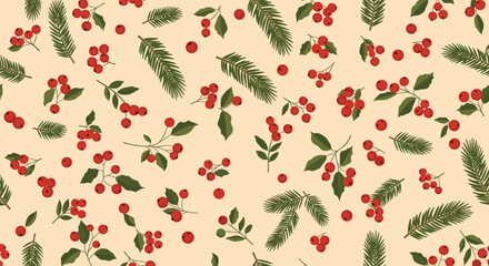 Festive pattern featuring scattered red berries, leaves, and evergreen boughs on a neutral background, perfect for holiday designs.