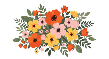 A colorful bouquet of flowers with orange, pink, and yellow blossoms arranged amidst lush green leaves for a cheerful floral design.