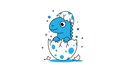 A cute blue dinosaur hatching from a white egg, with blue spots, on a white background, symbolizing new life and childhood.